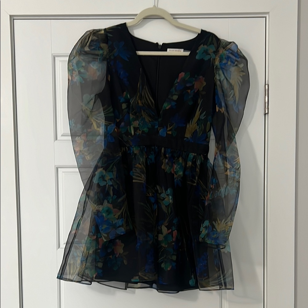 Black and Blue Asymmetrical Ruffled Blouse with Long Sleeves